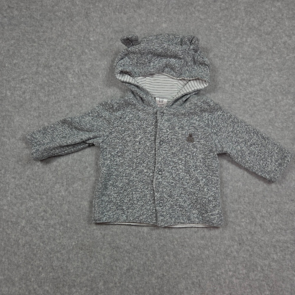 Baby Gap Reversible Bear Ear Hoodie Grey Striped 0-3 Months Snap Fall Preppy